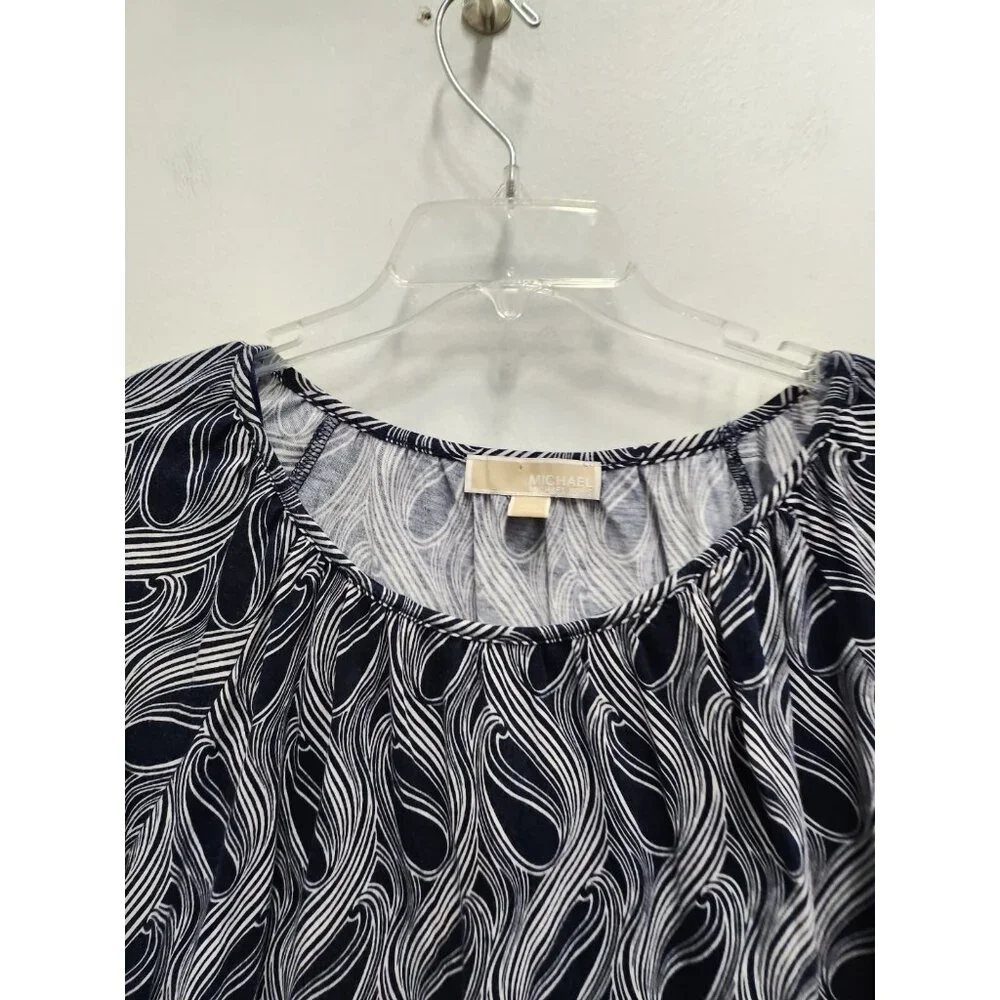 Michael Michael Kors Womens BOHO Artsy Top XL Navy White Abstract‎ Bell Sleeve